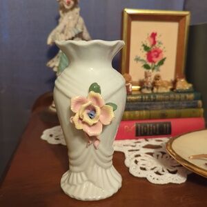 Vintage Ceramic Vase with Hand-Painted Flower | Porcelain Floral Accent Decor
